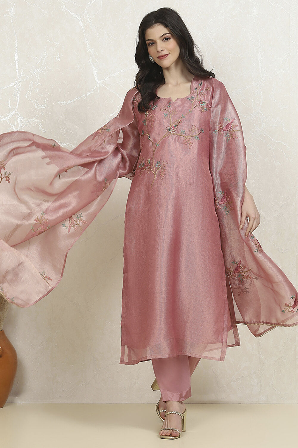 Pink Tissue Machine Embroidered Unstitched Suit Set image number 1