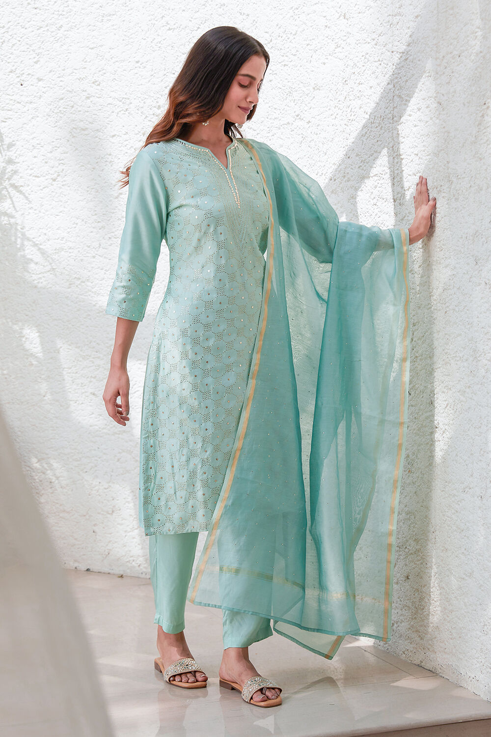 Pink Yard-Dyed Chanderi Kurta & Pants Suit Set image number 5