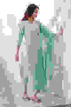 Aqua Yard-Dyed Chanderi Kurta & Pants Suit Set image number 5