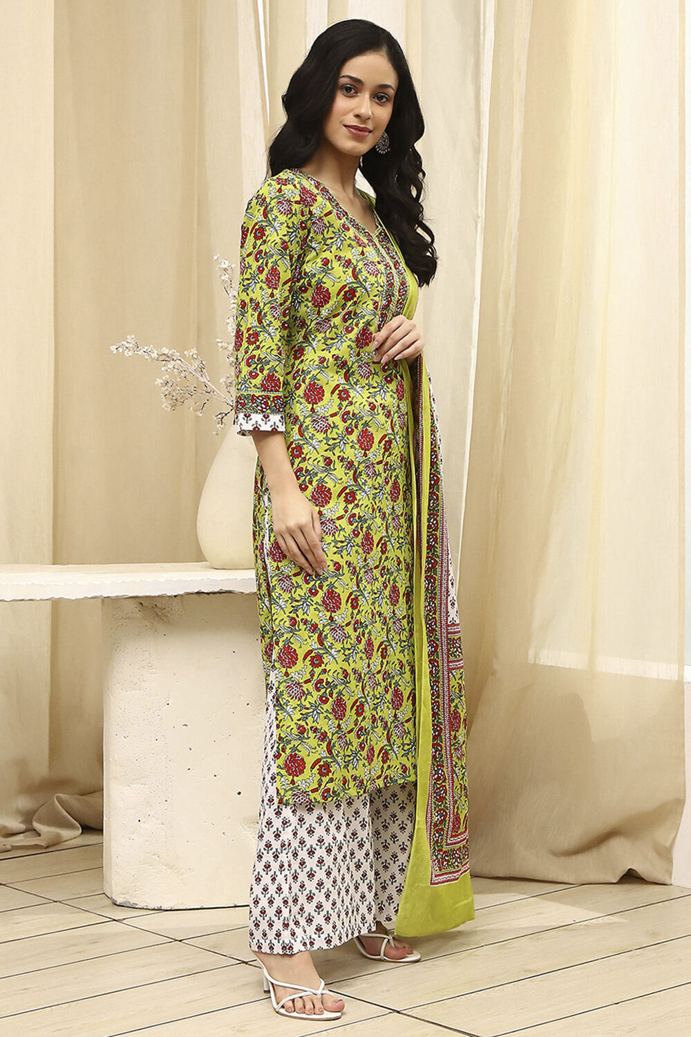 Lime Green and White Cotton Screen Print Unstitched Suit Set image number 5