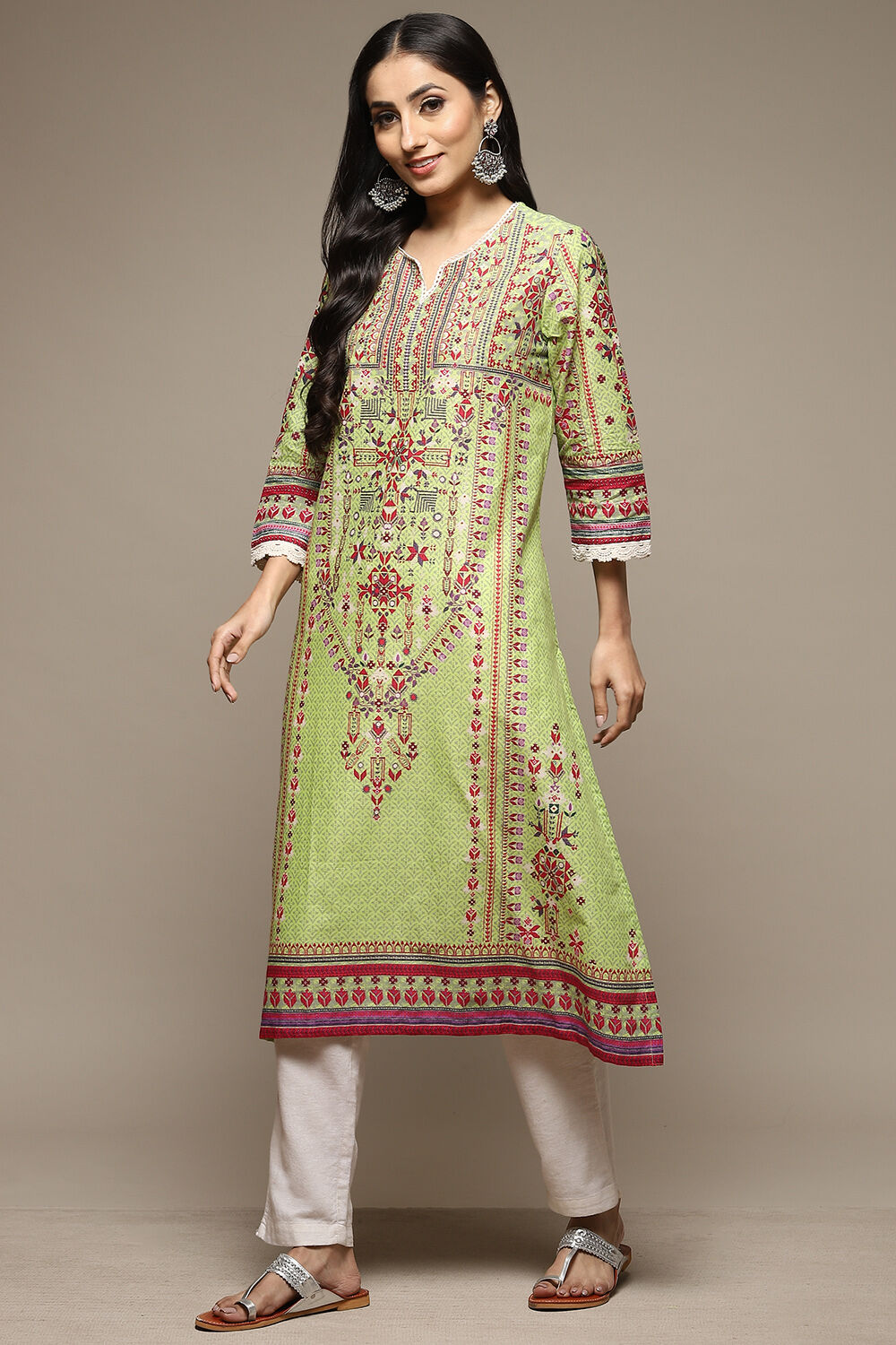 Green Cotton Straight Printed Kurta image number 4