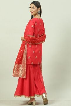 Red Art Silk Straight Kurta Garara Suit Set image number 4