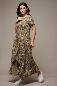 Olive Rayon Printed Jumpsuit Dress image number 3