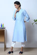 Powder Blue Cotton Flax Straight Kurta image number 3