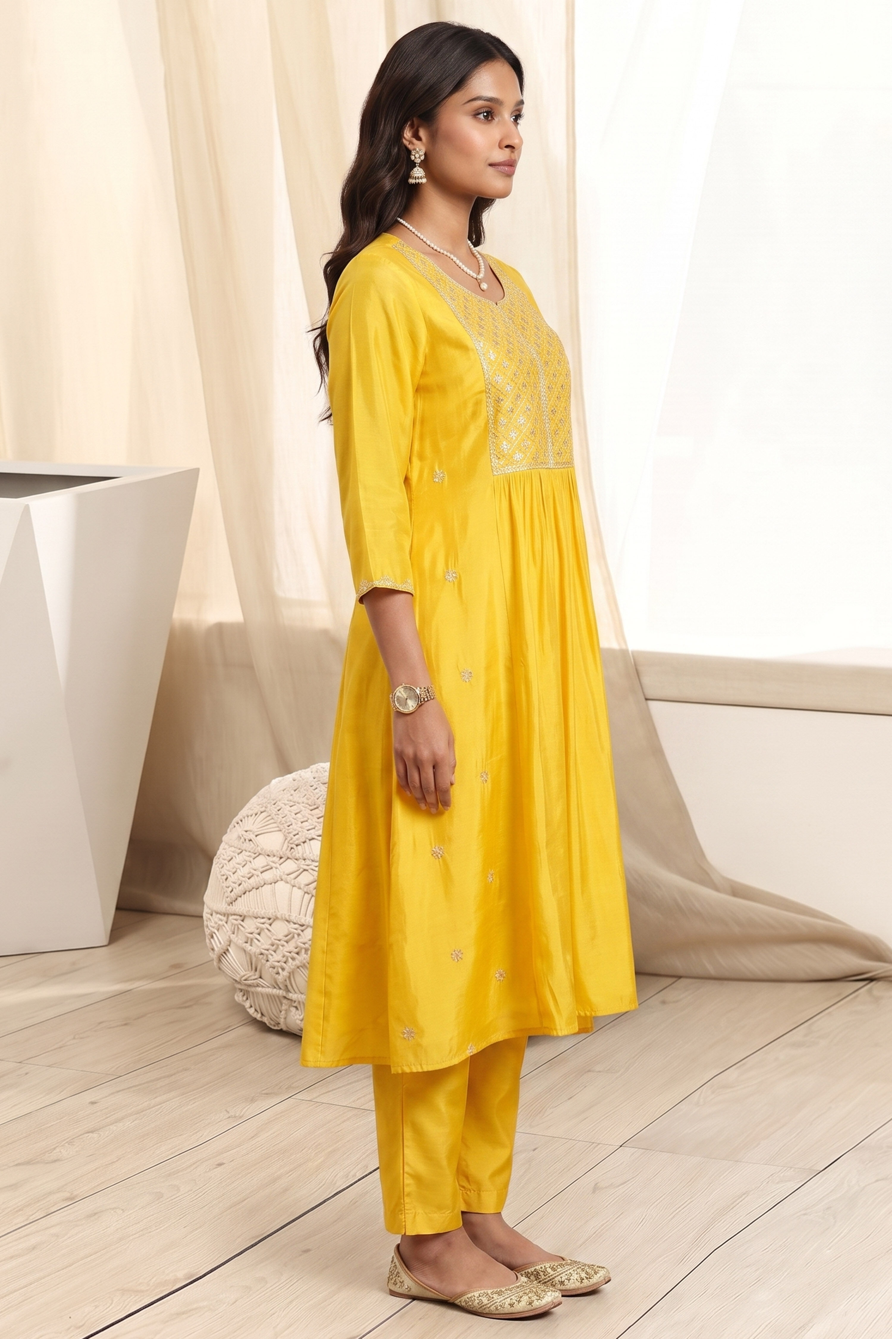 Yellow Polyester A Line Kurta image number 4