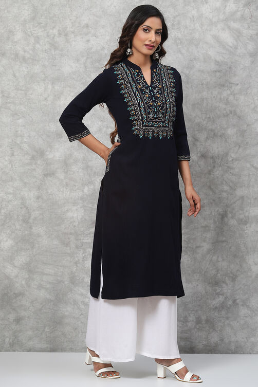 Navy Straight Acrylic Kurta image number 3