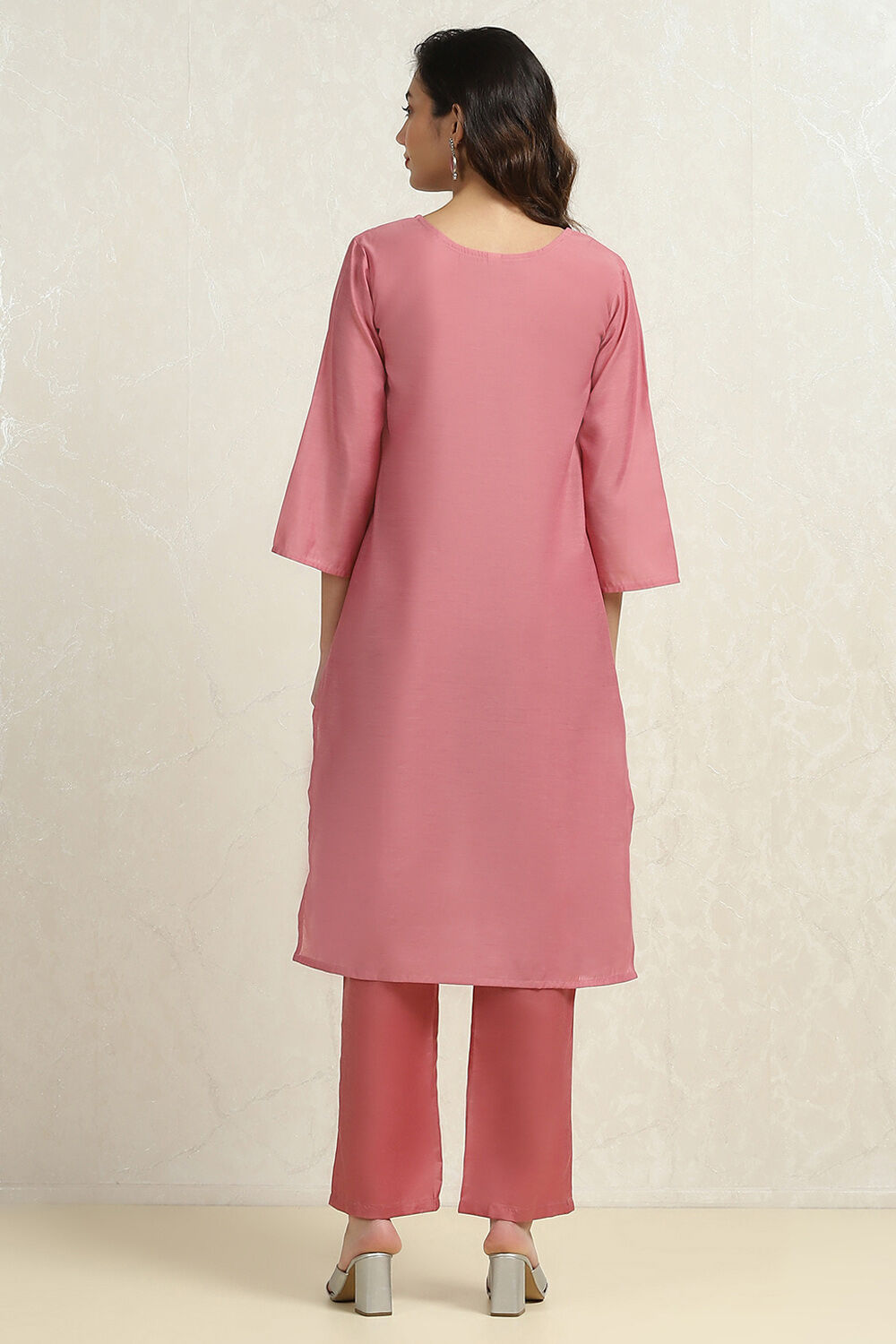 Pink Chanderi Machine Embroidered Unstitched Suit Set image number 4