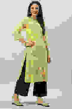 Yellow Rayon Front Open Printed Kurta image number 2