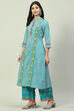 Teal Printed Cotton A-Line Kurta Palazzo Suit Set