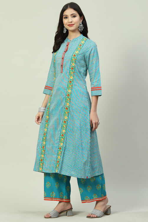 Yellow Printed Cotton A-Line Kurta Palazzo Suit Set image number 0