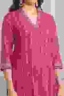 Fuchsia Cotton Straight Kurta Pants Suit Set image number 1