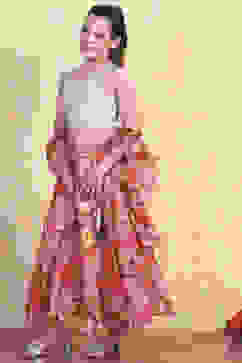 Off-White and Pink Printed Flared Lehenga Set image number 3