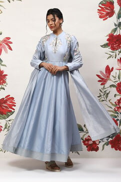 Rohit Bal Powder Blue Cotton Blend Anarkali Kurta Suit Set image number 7