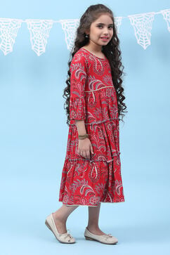 Red Rayon Tiered Printed Kurta Dress image number 3