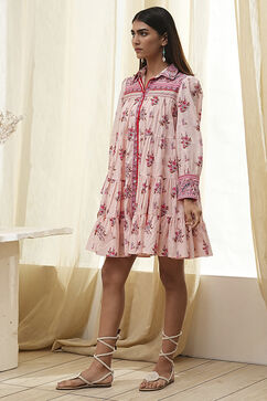 Peach-Colored Cotton  Floral Tiered Dress image number 2