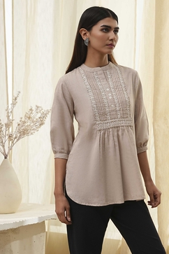 Beige Cotton Yarn-Dyed Short Straight Kurta image number 4