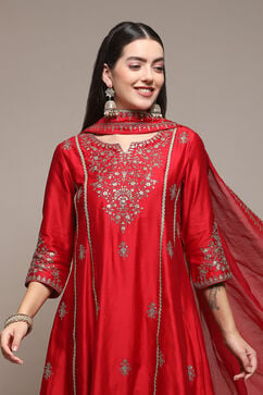 Red Cotton Silk Kalidar Kurta Palazzo Suit Set image number 9