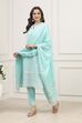 Sea Green Cotton Straight Kurta Pants Suit Set image number 3