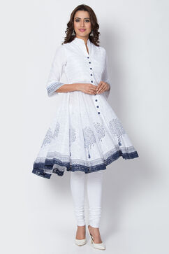 White And Blue Cotton Asymmetric Kurta Churidar Suit Set image number 2