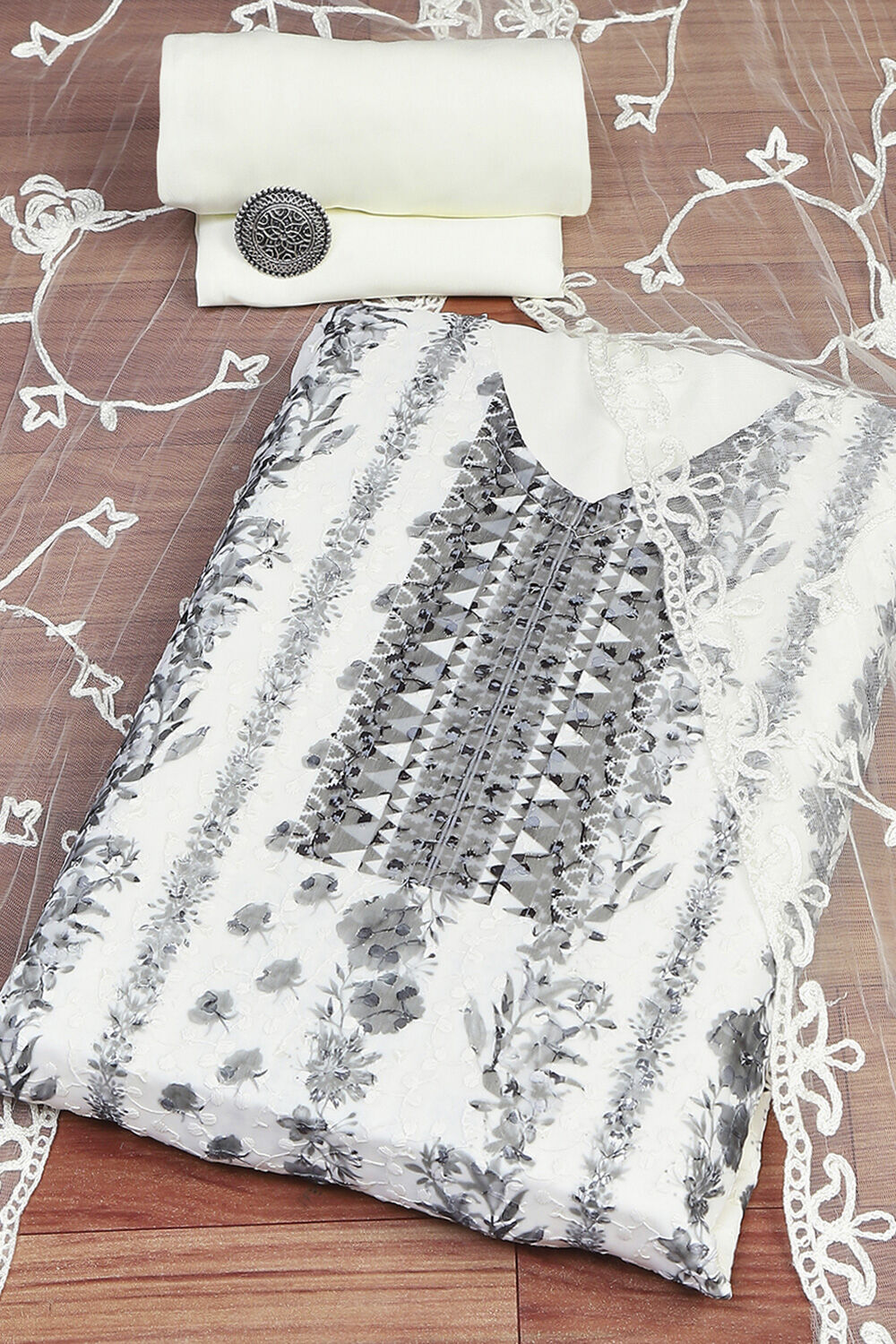 White-Black Georgette Printed Unstitched Suit Set image number 0