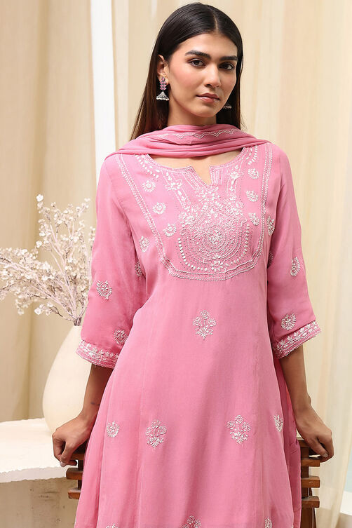 Pink Embroidered Kalidar Suit Set image number 7