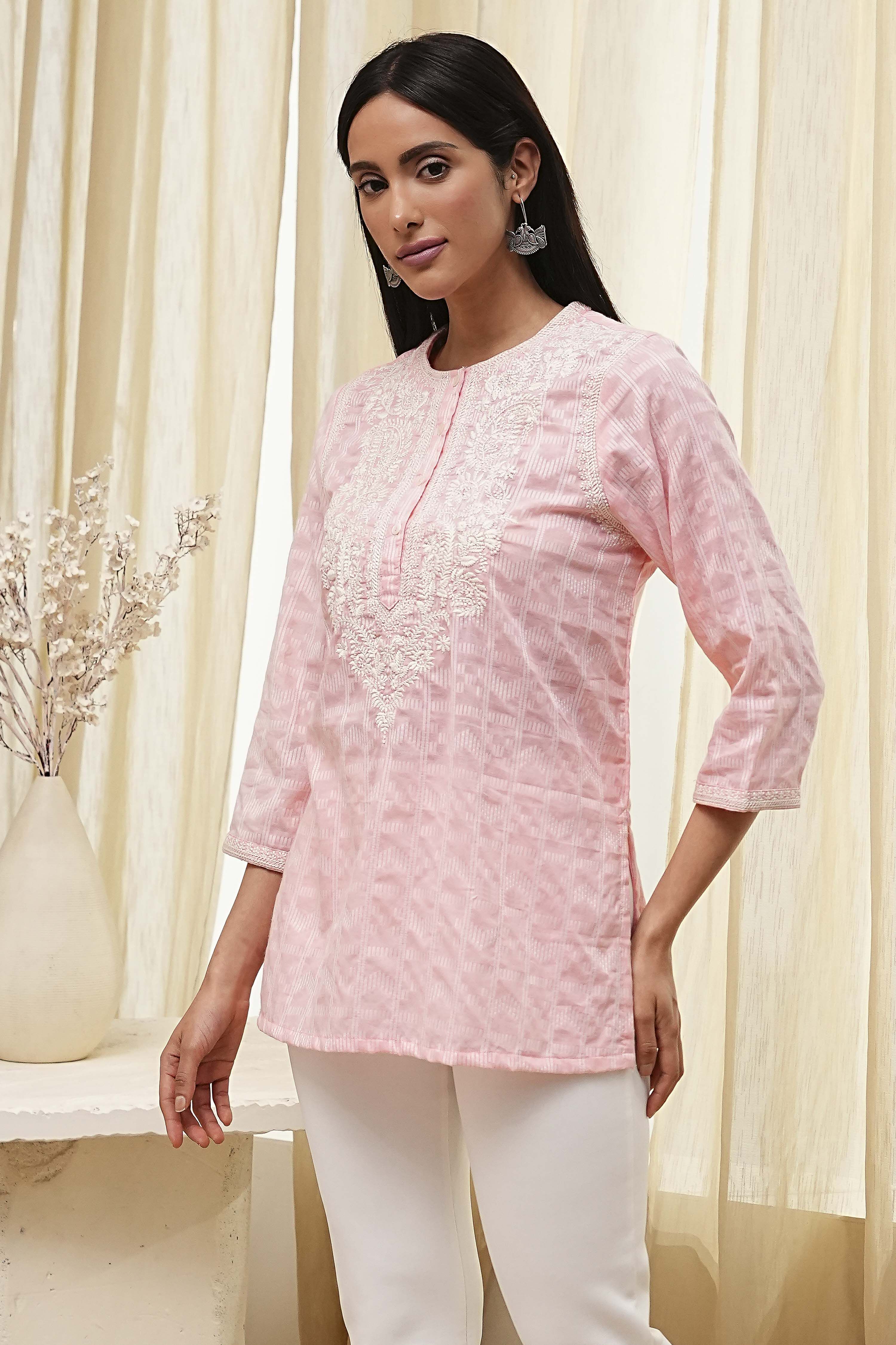Pink Cotton Yarn Dyed Short Kurta image number 2