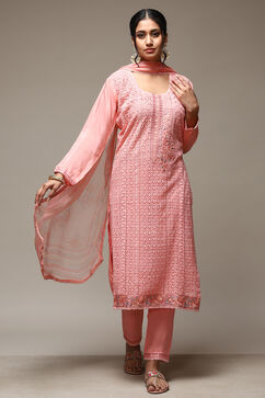 Pink Muslin Lace Unstitched Suit Set image number 8