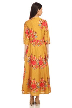 Yellow Flared Art Silk Printed Dress image number 4