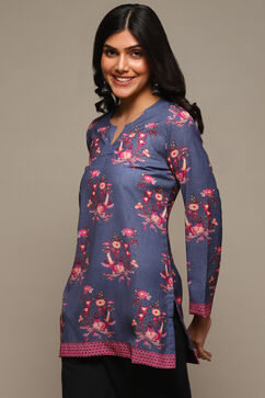 Denim Blue Cotton Blend Printed Kurti image number 2