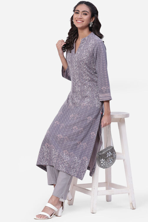 Grey Straight Poly Cotton Kurta image number 5