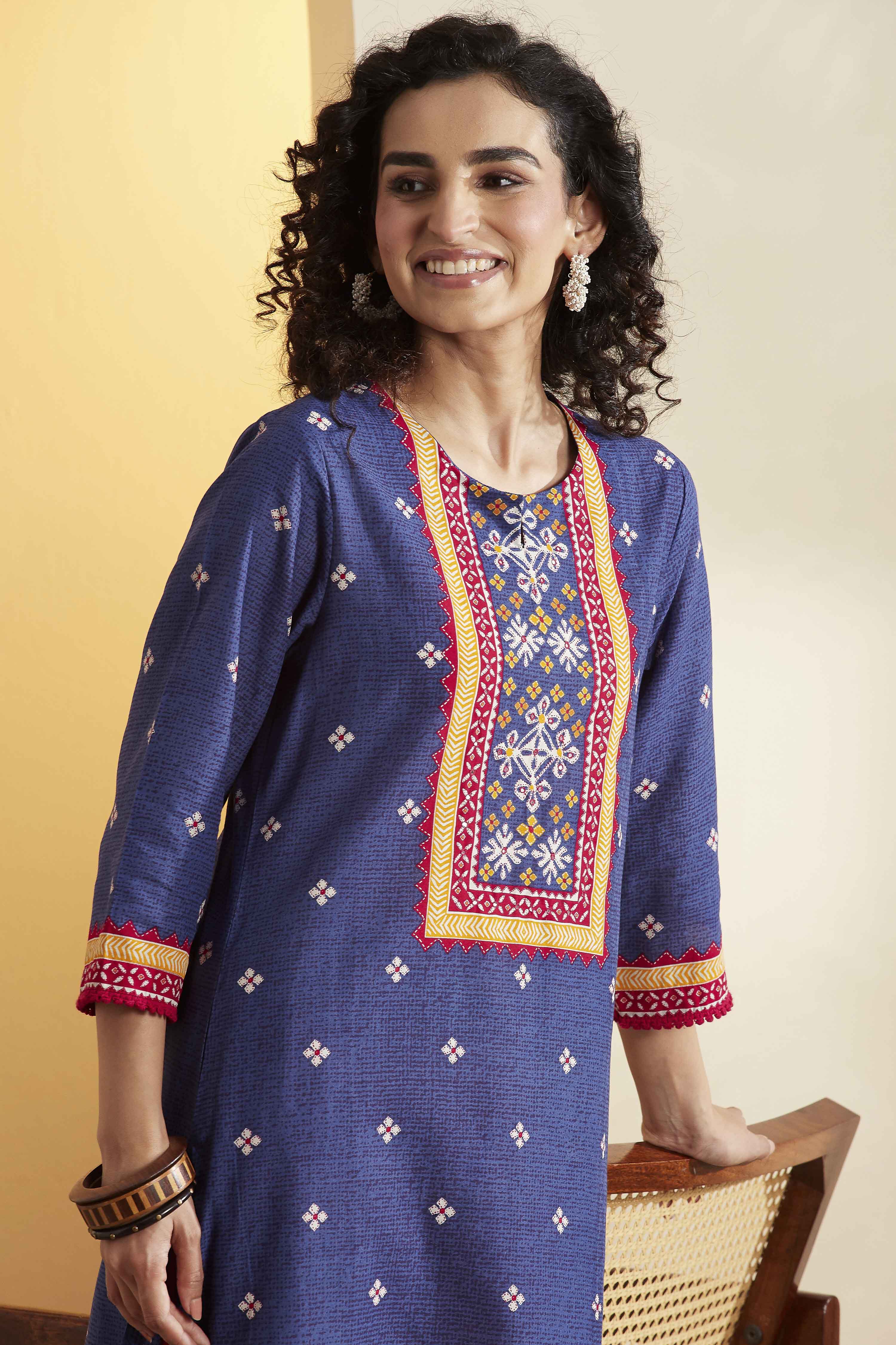 Blue Cotton Printed Straight Kurta image number 1