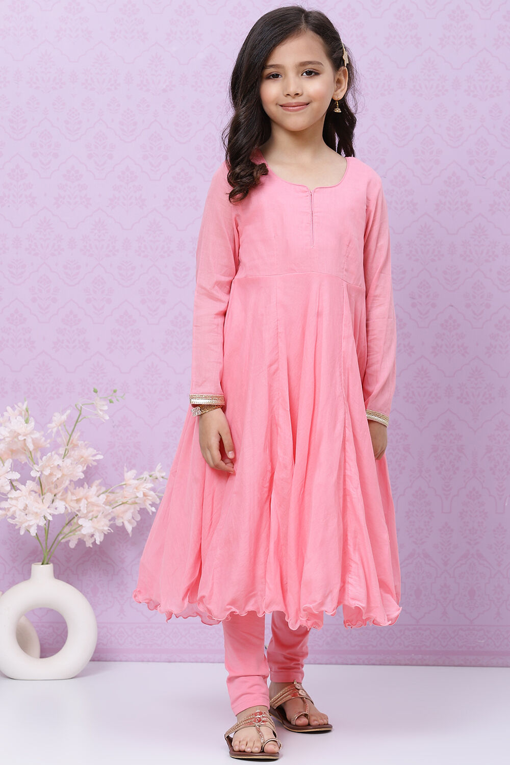 Pink Cotton Anarkali Kurta Churidar Suit Set image number 1