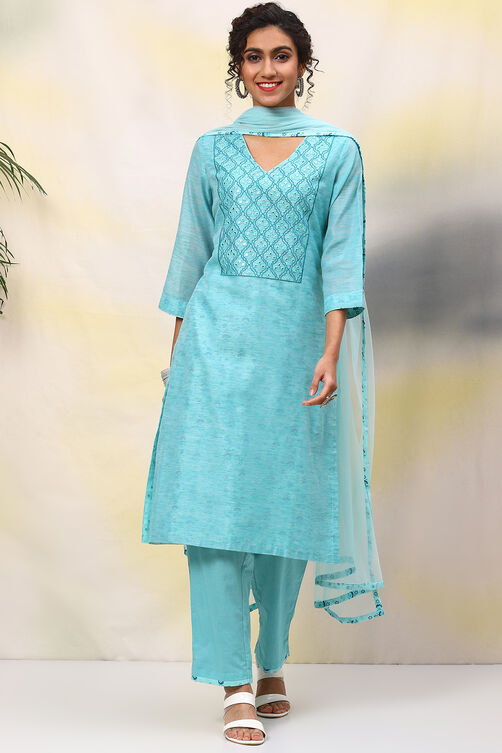 Blue Poly Cotton Straight Kurta Regular Pant Suit Set image number 0