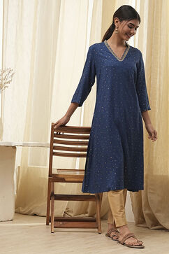 Blue Foil Printed Straight Kurta image number 0