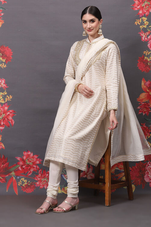 Rohit Bal Cream Cotton Silk Straight Yarndyed Suit Set image number 6