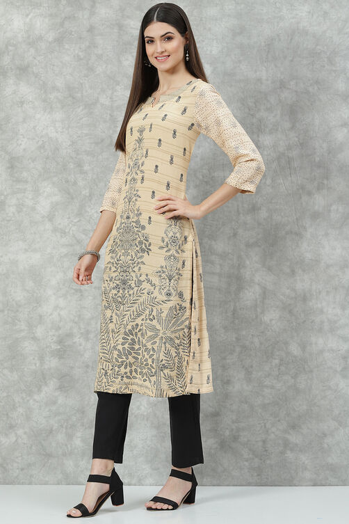 Beige Rayon A-Line Printed Kurta image number 2