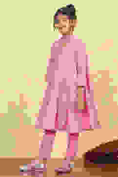 Light Pink Cotton Tiered Printed Kurta Churidar Set image number 3