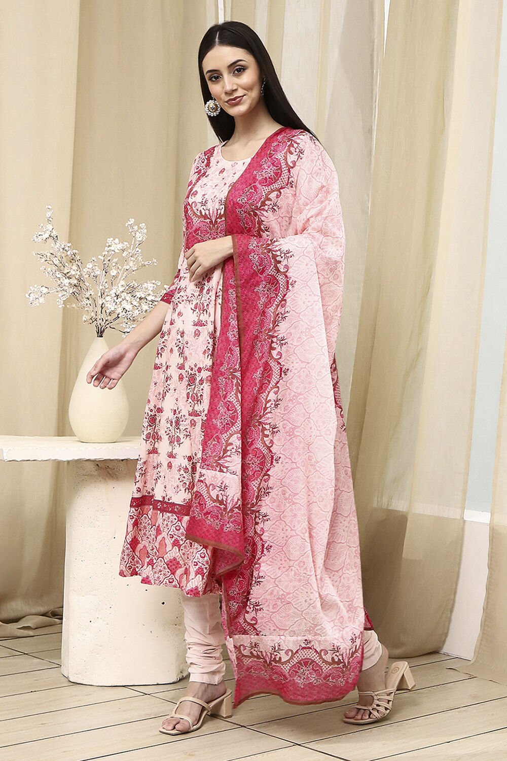 Light Pink Cotton Printed Anarkali Suit Set image number 3