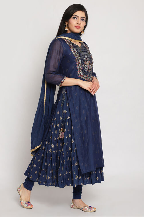 Navy Blue Double Layered Kurta Churidar Suit Set image number 4