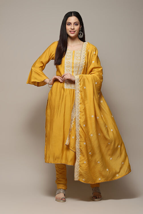 Yellow Chanderi Hand Embroidered Unstitched Suit Set image number 1