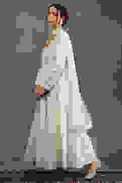 Rohit Bal Cream-Toned Silk Chanderi Floral Anarkali Suit Set image number 5