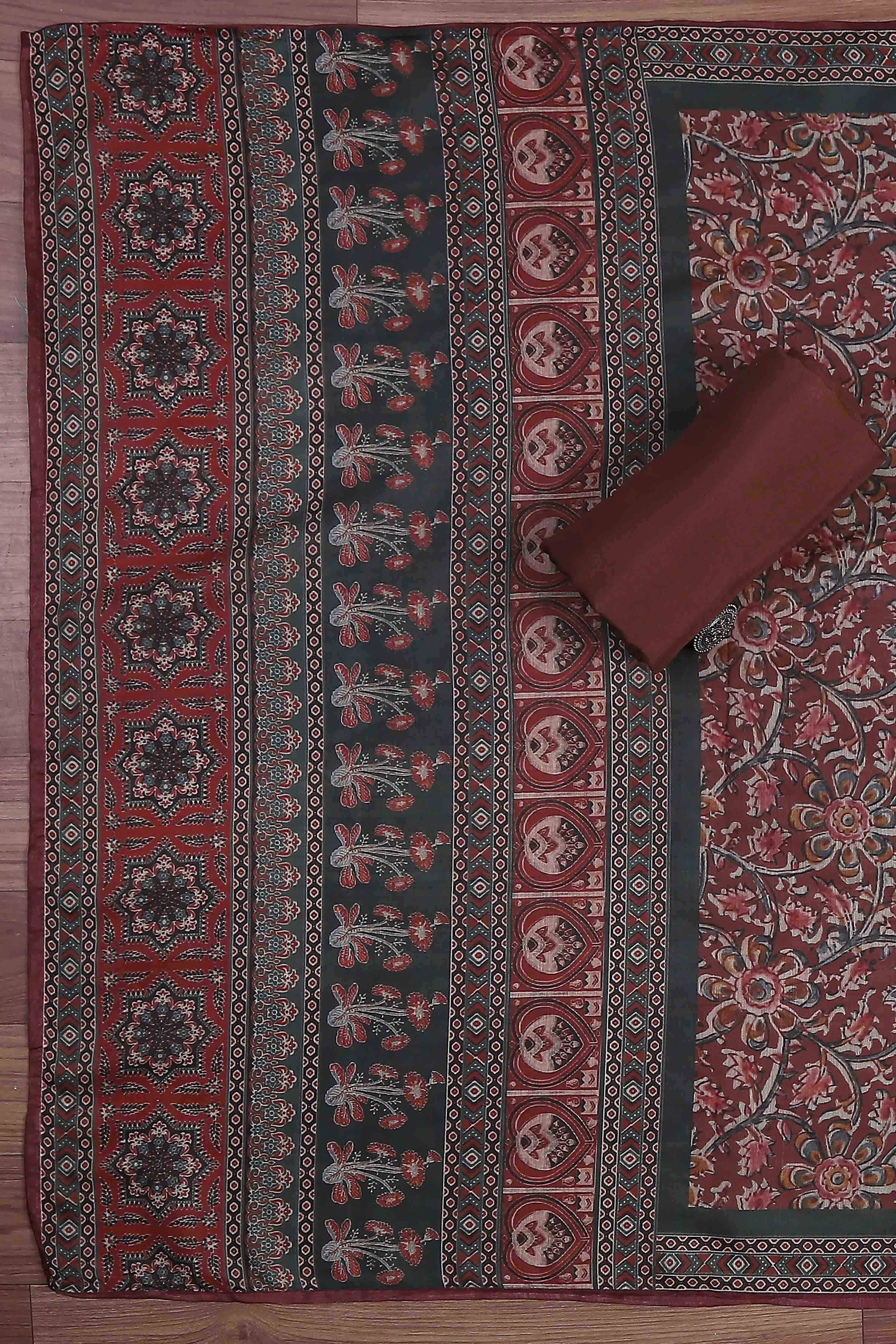 Old Rose Chanderi Rajasthani Print Unstitched Suit Set image number 3