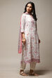 Off White Cotton Screen Print Unstitched Suit Set image number 12
