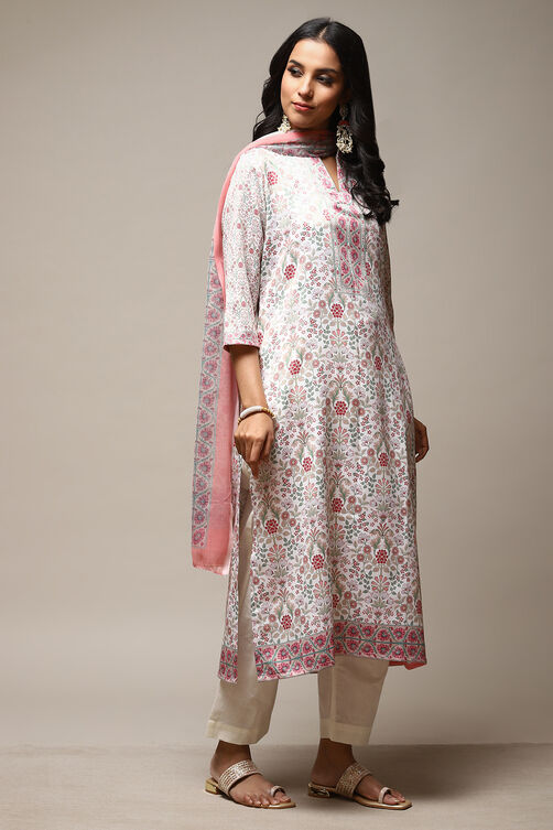 Off White Cotton Screen Print Unstitched Suit Set image number 12