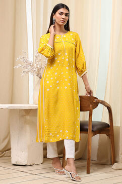 Mustard Yellow Modal Printed A-Line Kurta image number 0