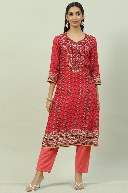 Red & Green LIVA Straight Printed Kurta image number 2