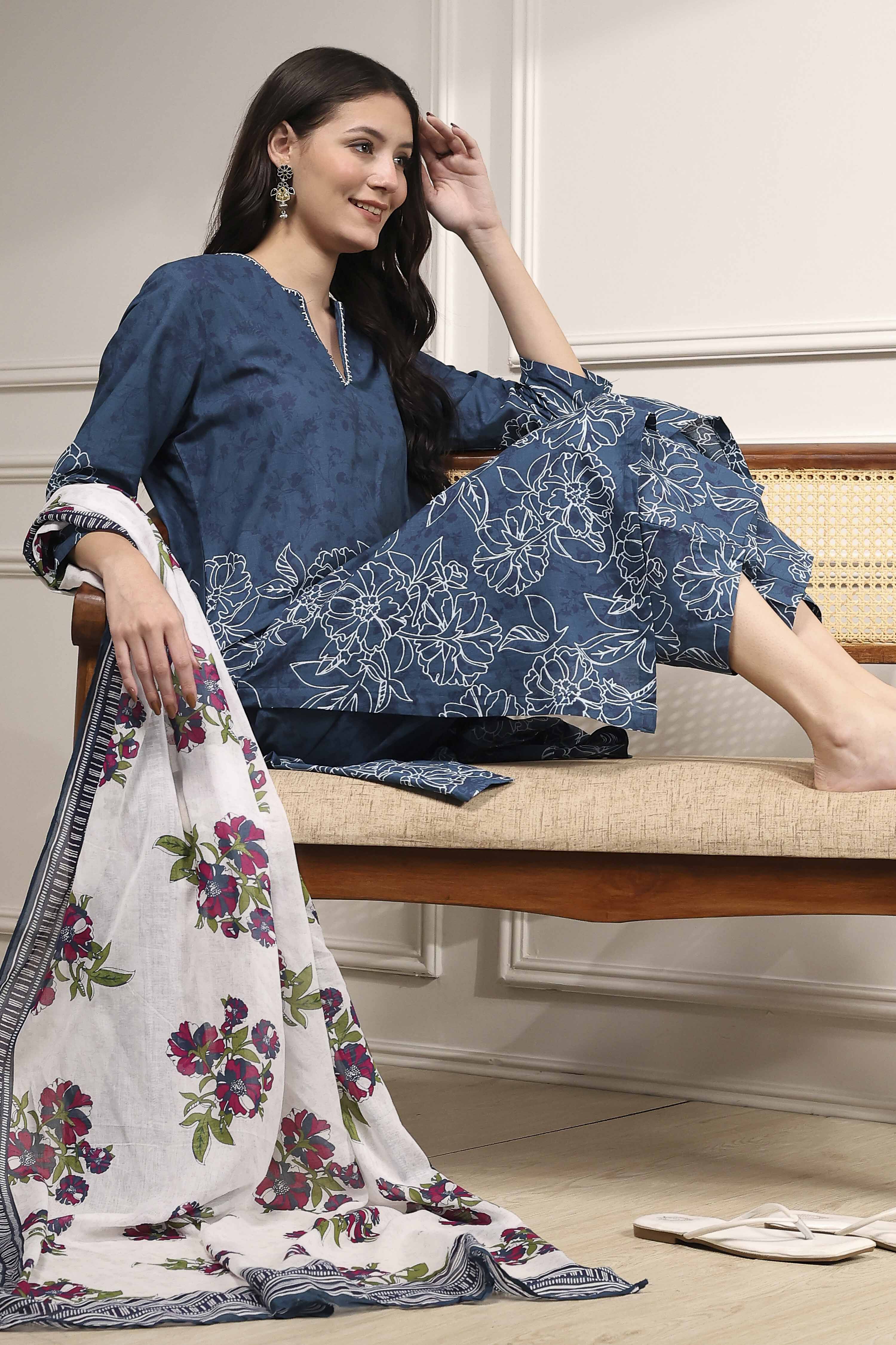 Teal Blue Cotton Printed Straight Suit Set image number 0