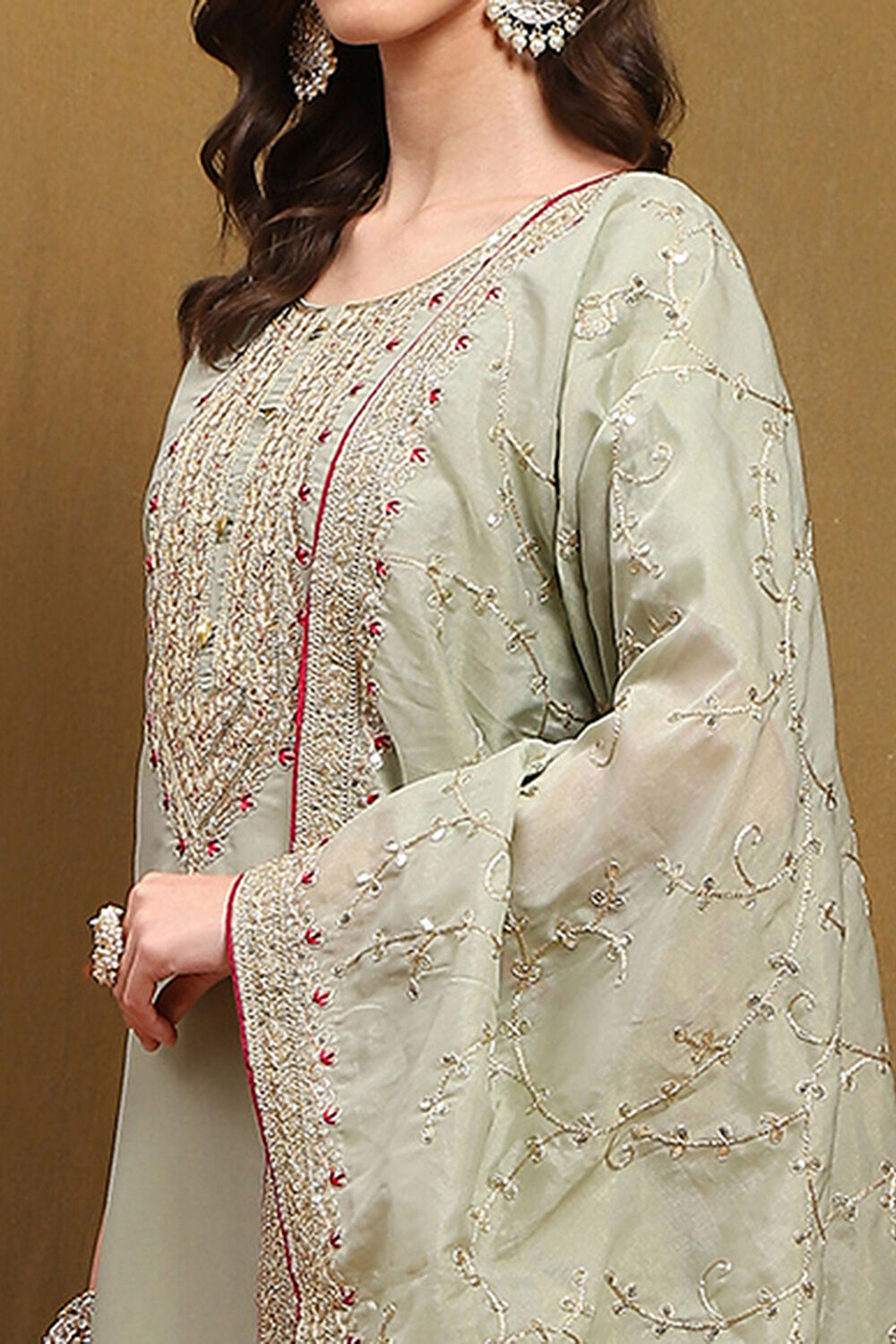 Green Tissue Machine Embroidered Unstitched Suit Set image number 6