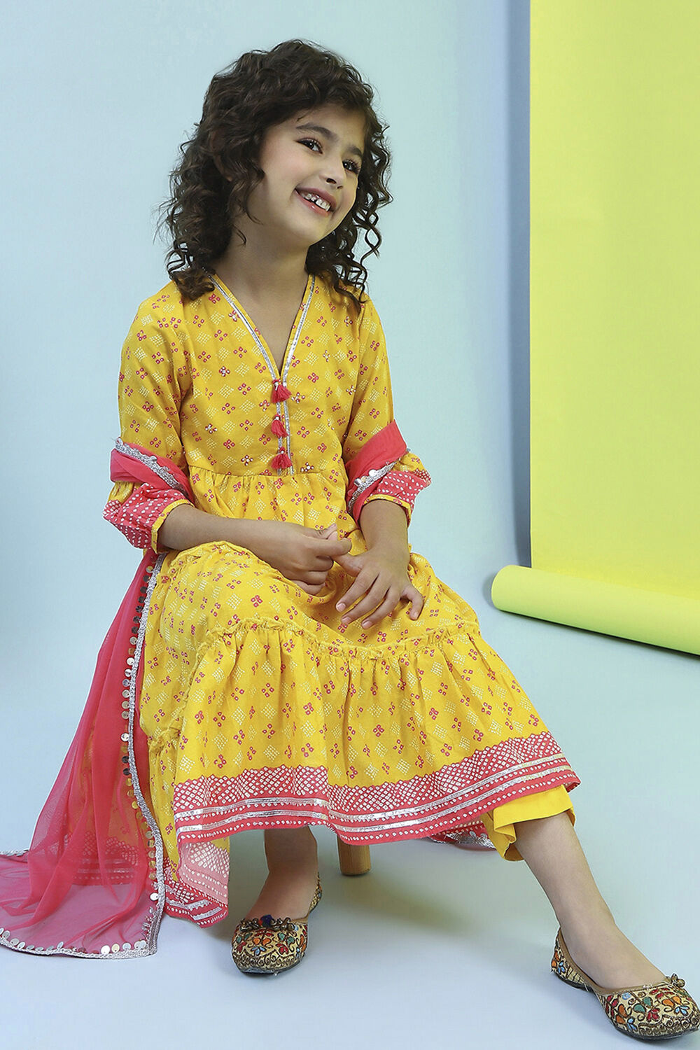 Yellow Cotton Printed Tiered Suit Set image number 0