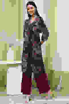 Navy Blue Floral Printed Straight Kurta image number 2